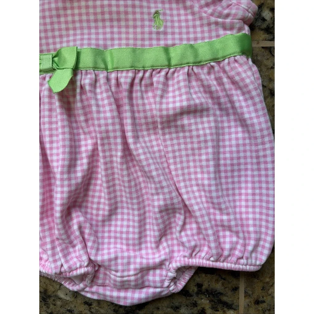 Ralph Lauren Pink White Gingham Check Preppy Bow Bodysuit Romper Baby Girl 3M
